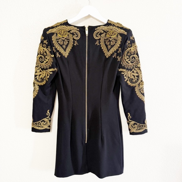 The Kooples Gold Embroidered Knit Shoulder Pad Embellished Ornate Mini Dress - Picture 3 of 10